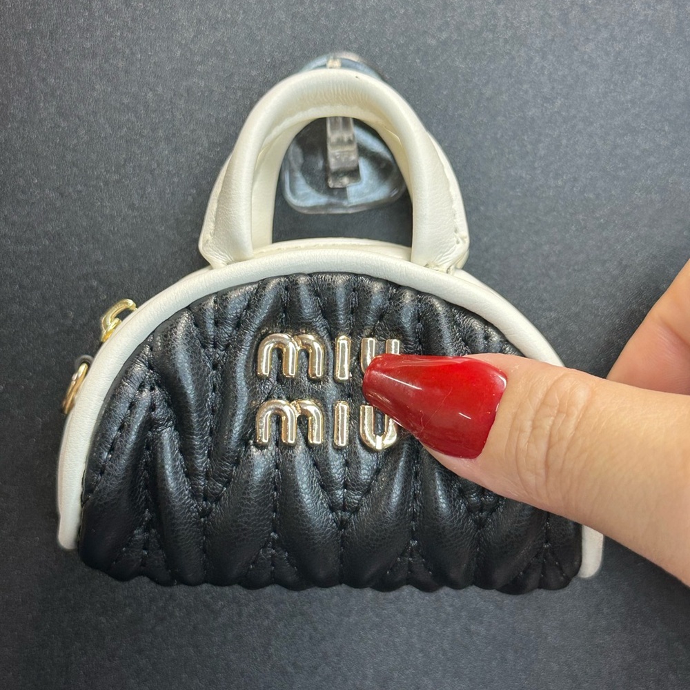 Mini Quilted Bag Charm Keychain | Black & White | Gold Detail | Exact Item Shown